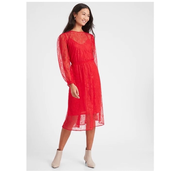 Banana Republic Factory Dress Long Sleeve Lace Midi Holiday Feminine Red S NWT - Picture 1 of 12